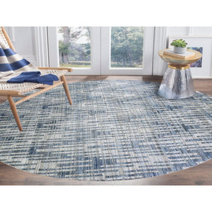 10'1"x10'1" Hand Knotted Blue Pure Silk And Textured Wool Round Zigzag With Graph Design Oriental Rug FWR398790