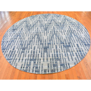10'1"x10'1" Hand Knotted Blue Pure Silk And Textured Wool Round Zigzag With Graph Design Oriental Rug FWR398790