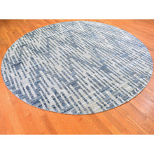 Load image into Gallery viewer, 10&#39;1&quot;x10&#39;1&quot; Hand Knotted Blue Pure Silk And Textured Wool Round Zigzag With Graph Design Oriental Rug FWR398790