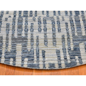 10'1"x10'1" Hand Knotted Blue Pure Silk And Textured Wool Round Zigzag With Graph Design Oriental Rug FWR398790