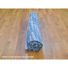 Load image into Gallery viewer, 10&#39;1&quot;x10&#39;1&quot; Hand Knotted Blue Pure Silk And Textured Wool Round Zigzag With Graph Design Oriental Rug FWR398790