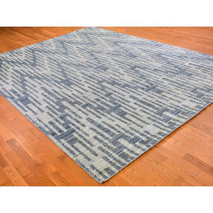9'x12'2" Blue Pure Silk And Textured Wool Zigzag With Graph Design Hand Knotted Oriental Rug FWR398826