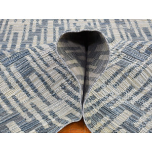 9'x12'2" Blue Pure Silk And Textured Wool Zigzag With Graph Design Hand Knotted Oriental Rug FWR398826
