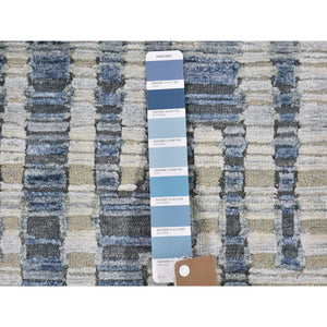 9'x12'2" Blue Pure Silk And Textured Wool Zigzag With Graph Design Hand Knotted Oriental Rug FWR398826