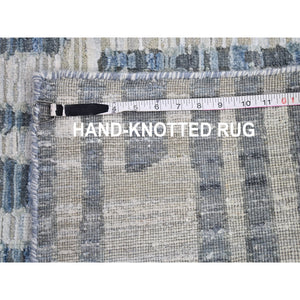 9'x12'2" Blue Pure Silk And Textured Wool Zigzag With Graph Design Hand Knotted Oriental Rug FWR398826