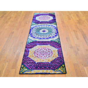 2'6"x10'4" Colorful Sari Silk With Textured Wool Mamluk Design Hand Knotted Runner Oriental Rug FWR398976