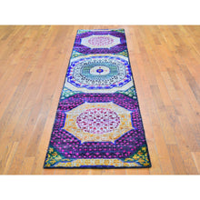 Load image into Gallery viewer, 2&#39;6&quot;x10&#39;4&quot; Colorful Sari Silk With Textured Wool Mamluk Design Hand Knotted Runner Oriental Rug FWR398976