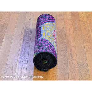 2'6"x10'4" Colorful Sari Silk With Textured Wool Mamluk Design Hand Knotted Runner Oriental Rug FWR398976