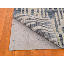 Load image into Gallery viewer, 4&#39;x12&#39;4&quot; Zigzag With Graph Design Blue Pure Silk And Textured Wool Wide Runner Hand Knotted Oriental Rug FWR399108