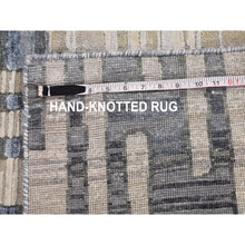 Load image into Gallery viewer, 4&#39;x12&#39;4&quot; Zigzag With Graph Design Blue Pure Silk And Textured Wool Wide Runner Hand Knotted Oriental Rug FWR399108