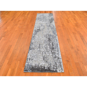 2'6"x12' Gray Persian Knot With Abstract Design Wool Denser Weave Hand Knotted Runner Oriental Rug FWR399162