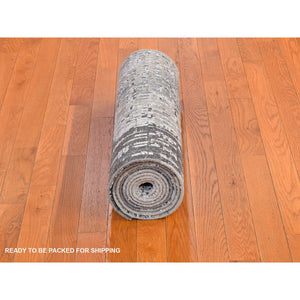 2'6"x12' Gray Persian Knot With Abstract Design Wool Denser Weave Hand Knotted Runner Oriental Rug FWR399162