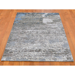 4'x6' Blue Abstract Design Wool And Silk Hi-low Pile Denser Weave Hand Knotted Oriental Rug FWR399168