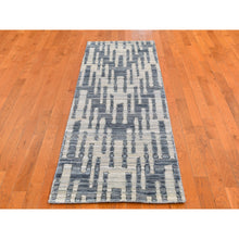 Load image into Gallery viewer, 2&#39;7&quot;x8&#39;2&quot; Blue Pure Silk And Textured Wool Zigzag With Graph Design Hand Knotted Runner Oriental Rug FWR399210