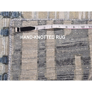 2'7"x8'2" Blue Pure Silk And Textured Wool Zigzag With Graph Design Hand Knotted Runner Oriental Rug FWR399210