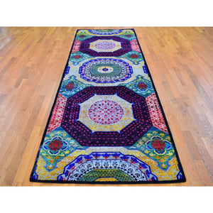 4'1"x12'3" Sari Silk with Textured Wool Mamluk Design Colorful Hand Knotted Runner Oriental Rug FWR399264