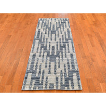 Load image into Gallery viewer, 2&#39;6&quot;x8&#39;3&quot; Blue Pure Silk And Textured Wool Wide Runner Zigzag With Graph Design Hand Knotted Oriental Rug FWR399510