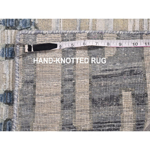 2'6"x8'3" Blue Pure Silk And Textured Wool Wide Runner Zigzag With Graph Design Hand Knotted Oriental Rug FWR399510