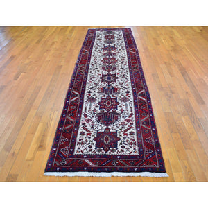 3'4"x13'8" Vintage Persian Karajeh Full Pile Excellent Condition Ivory Natural Wool Hand Knotted Runner Oriental Rug FWR399612