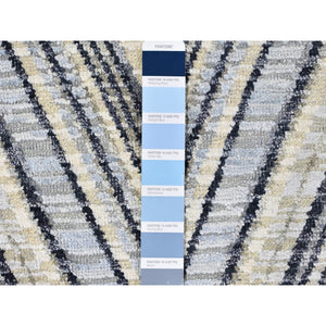 9'x9' Gray-blue Chevron Design Textured Wool And Pure Silk Hand Knotted Round Oriental Rug FWR400170