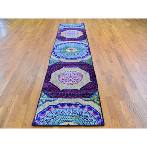 2'7"x12' Sari Silk With Textured Wool Mamluk Design Colorful Hand Knotted Wide Runner Oriental Rug FWR400176