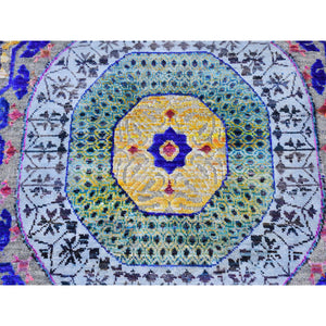 2'7"x12' Sari Silk With Textured Wool Mamluk Design Colorful Hand Knotted Wide Runner Oriental Rug FWR400176