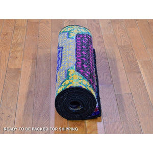 2'7"x12' Sari Silk With Textured Wool Mamluk Design Colorful Hand Knotted Wide Runner Oriental Rug FWR400176