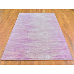 6'1"x9'2" Pink Thick And Plush Organic Wool Only Horizontal Ombre Design Hand Knotted Oriental Rug FWR400182