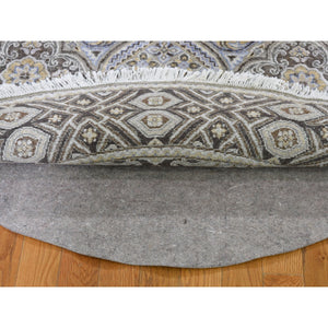 5'1"x5'1" Brown And Gray Textured Wool And Silk Mughal Inspired Medallions Round Hand Knotted Oriental Rug FWR400308