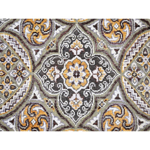 2'6"x16'3" XL Runner Textured Wool and Silk Mughal Inspired Medallions Design Brown and Gray Oriental Rug FWR400338