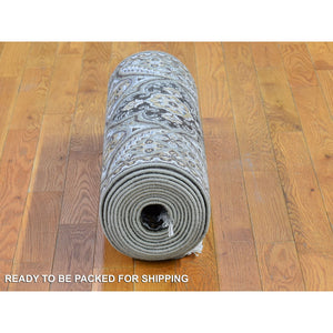 2'6"x16'3" XL Runner Textured Wool and Silk Mughal Inspired Medallions Design Brown and Gray Oriental Rug FWR400338