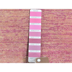 2'6"x6'2" Pink with Touches of Ivory Zero Pile Natural Wool Only Horizontal Ombre Design Runner Hand Knotted Oriental Rug FWR400518