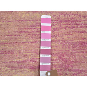 2'7"x10'3" Pink Thick And Plush Organic Wool Only Horizontal Ombre Design Hand Knotted Wide Runner Oriental Rug FWR400524