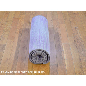 2'7"x10'3" Pink Thick And Plush Organic Wool Only Horizontal Ombre Design Hand Knotted Wide Runner Oriental Rug FWR400524