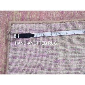 2'7"x10'3" Pink Thick And Plush Organic Wool Only Horizontal Ombre Design Hand Knotted Wide Runner Oriental Rug FWR400524