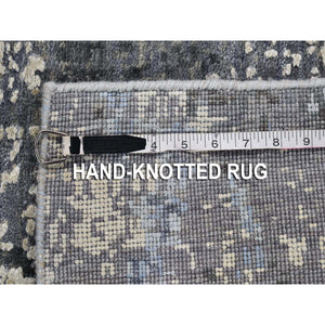 2'6"x10'2" Wool And Real Silk Abstract Design With Persian Knot Denser Weave Gray Hand Knotted Runner Oriental Rug FWR400656