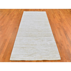 4'1"x10'2" Ivory Silk With Textured Wool Tone On Tone Striae Design Hand Knotted Hi-low Pile Wide Runner Oriental Rug FWR400782