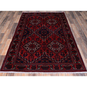 3'10"x6' Chili Red, Afghan Khamyab with Geometric Medallions Design, Hand Knotted, Pure Wool, Vegetable Dyes, Oriental Rug FWR4002