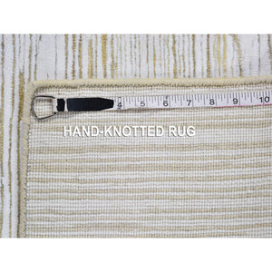 4'2"x12' Ivory Silk With Textured Wool Tone On Tone Striae Design Hand Knotted Hi-low Pile Wide Runner Oriental Rug FWR400818