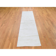 Load image into Gallery viewer, 2&#39;6&quot;x12&#39; Ivory Silk With Textured Wool Tone On Tone Striae Design Hand Knotted Hi-low Pile Runner Oriental Rug FWR400836