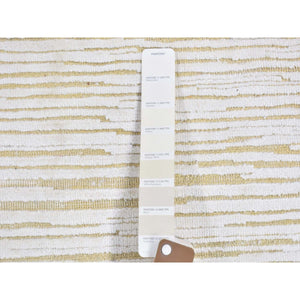 4'3"x6'1" Ivory Silk With Textured Wool Tone On Tone Striae Design Hand Knotted Hi-low Pile Oriental Rug FWR400848