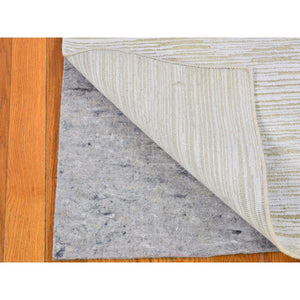 4'3"x6'1" Ivory Silk With Textured Wool Tone On Tone Striae Design Hand Knotted Hi-low Pile Oriental Rug FWR400848