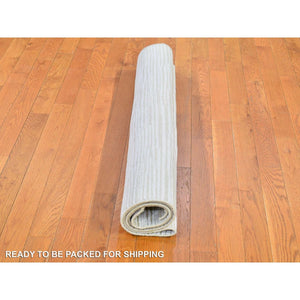 4'3"x6'1" Ivory Silk With Textured Wool Tone On Tone Striae Design Hand Knotted Hi-low Pile Oriental Rug FWR400848