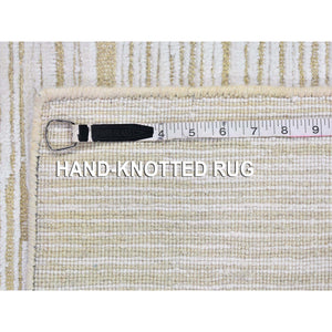 4'3"x6'1" Ivory Silk With Textured Wool Tone On Tone Striae Design Hand Knotted Hi-low Pile Oriental Rug FWR400848