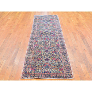 2'8"x11'6" Ivory Antique Persian Kerman Runner Good Condition Multicolor Flower And Vase Design Organic Wool Hand Knotted Oriental Rug FWR401040