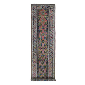 3'1"x14'3" Green Antique Caucasian Wide Runner High KPSI, Good Condition with Hand Knotted Chocolate Brown Pure Wool Oriental Rug FWR401052