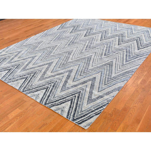 9'1"x12'3" Ivory Chevron Design Textured Wool And Pure Silk Hand Knotted Modern Oriental Rug FWR401058