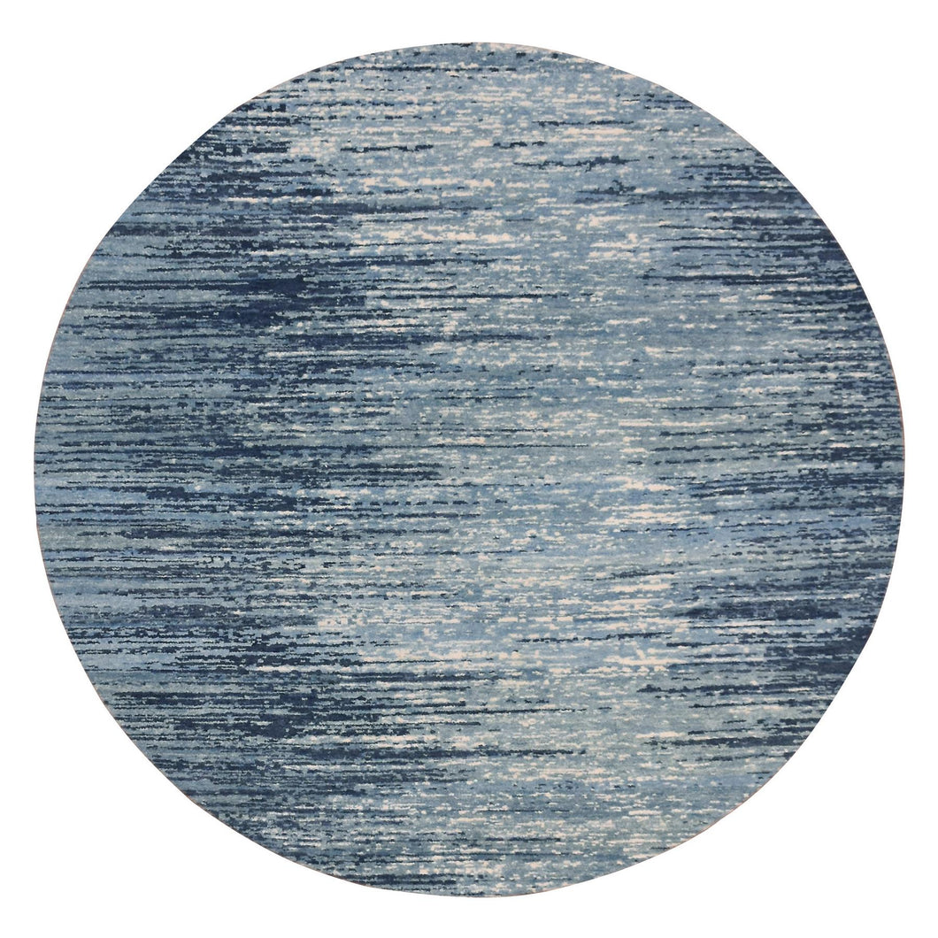 10'x10' Blue Oceanic Pure Wool Horizontal Ombre Design Round Hand Knotted Oriental Rug FWR401064