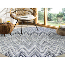 Load image into Gallery viewer, 11&#39;9&quot;x11&#39;9&quot; Gray-Blue Chevron Design Textured Wool and Pure Silk Hand Knotted Round Oriental Rug FWR401118