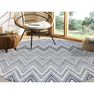 11'9"x11'9" Gray-Blue Chevron Design Textured Wool and Pure Silk Hand Knotted Round Oriental Rug FWR401118
